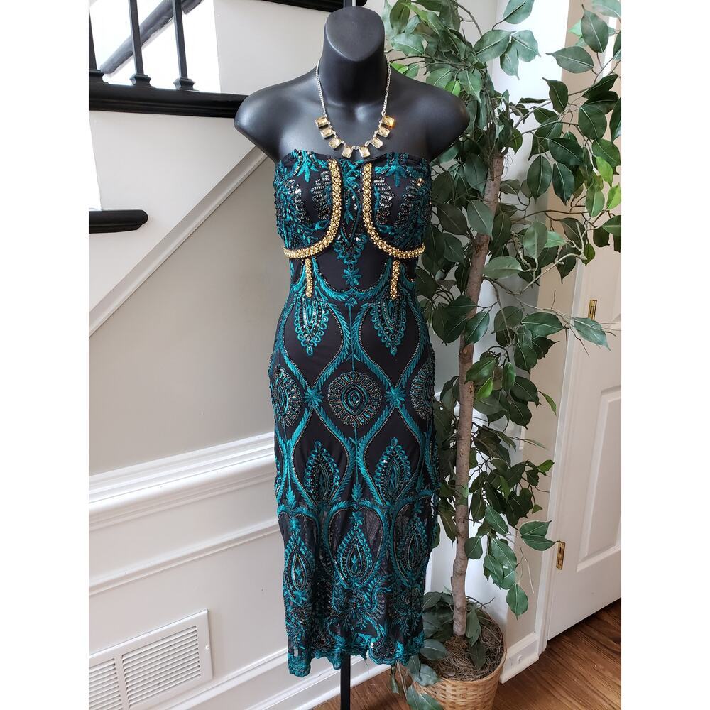 Fashion Nova Midi Dress Womens L Black Green Embroidered Off The‎ Shoulder